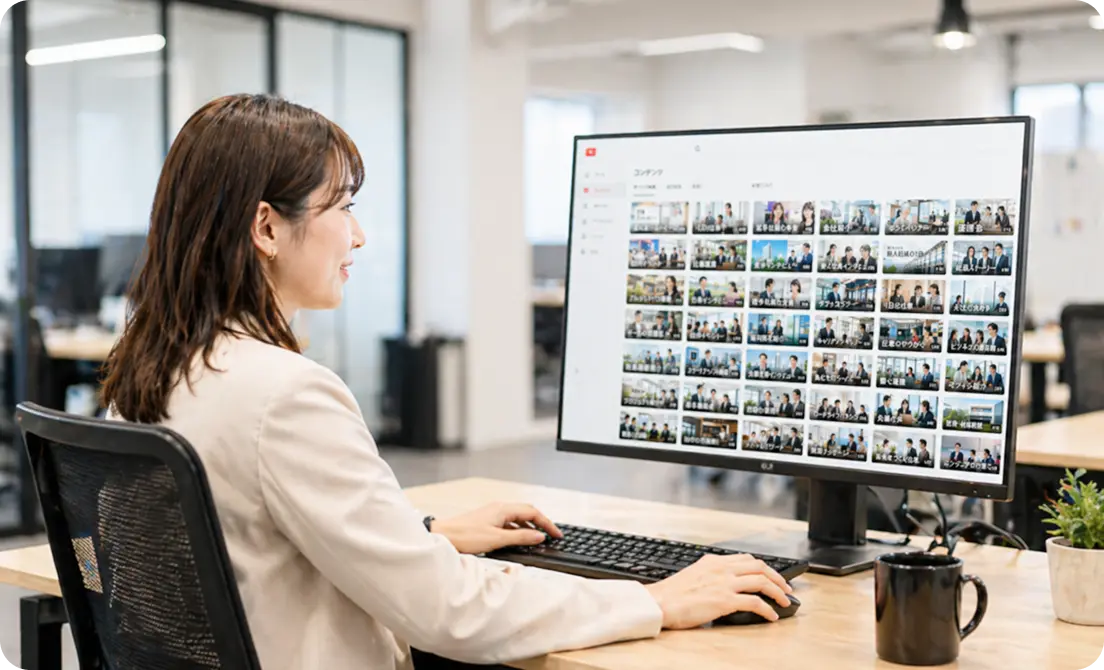 社員が自社の動画コンテンツを確認している様子